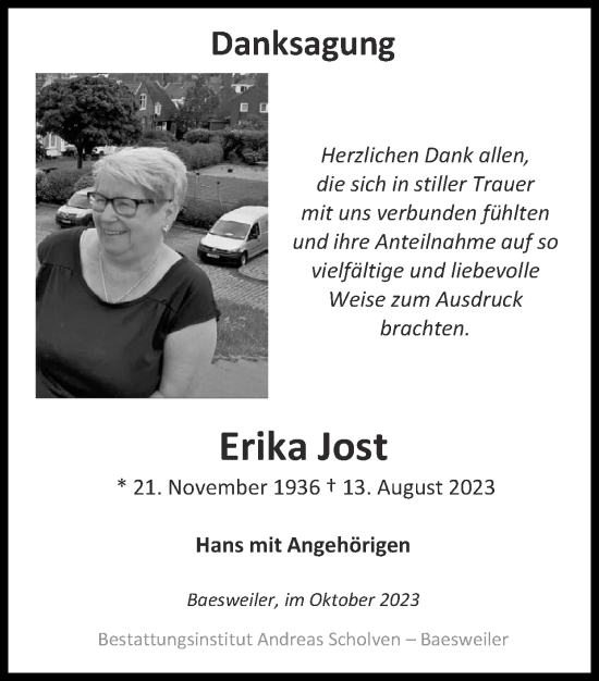 Traueranzeige von Erika Jost von Zeitung am Sonntag