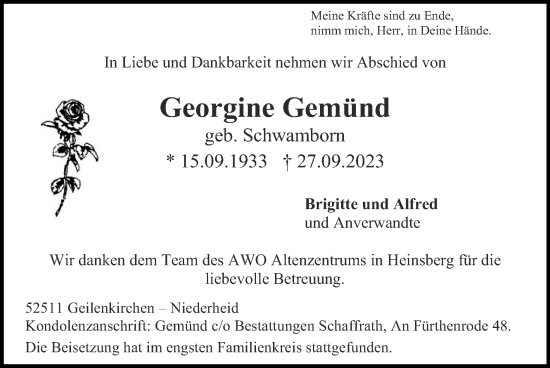 Traueranzeige von Georgine Gemünd von Zeitung am Sonntag