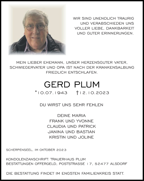 Traueranzeige von Gerd Plum von Zeitung am Sonntag