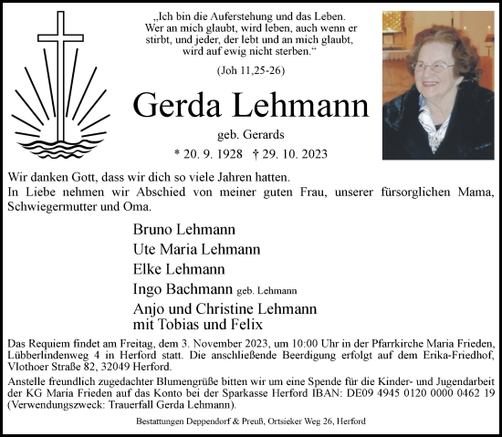 Traueranzeige von Gerda Lehmann von Aachener Zeitung