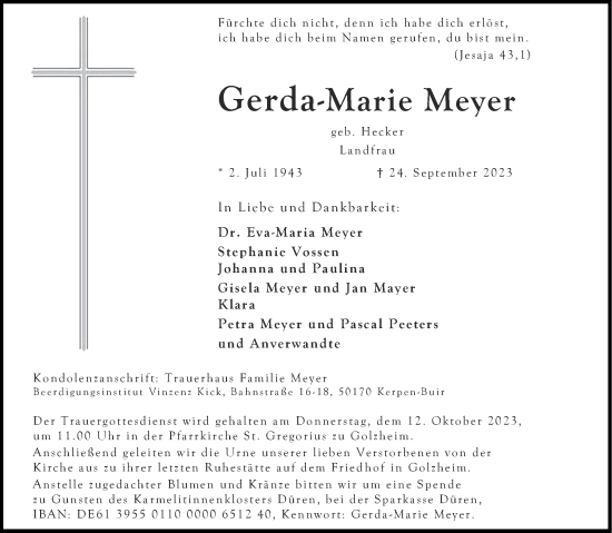 Traueranzeige von Gerda-Marie Meyer von Aachener Zeitung