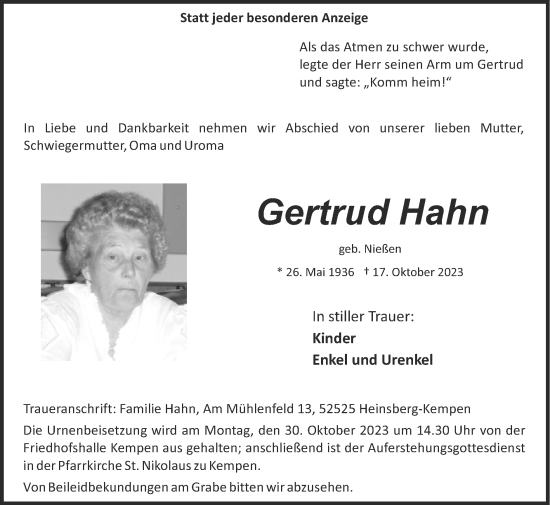 Traueranzeige von Gertrud Hahn von Zeitung am Sonntag