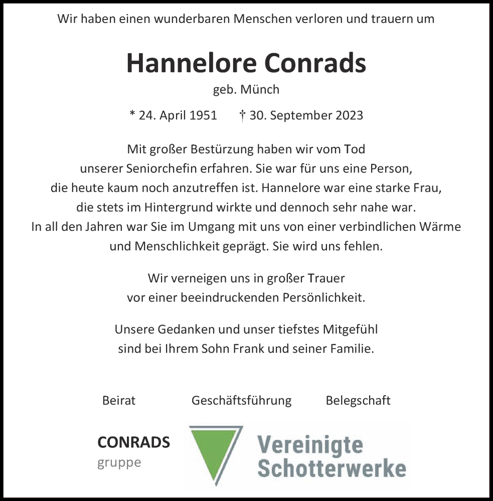  Traueranzeige für Hannelore Conrads vom 14.10.2023 aus Aachener Zeitung