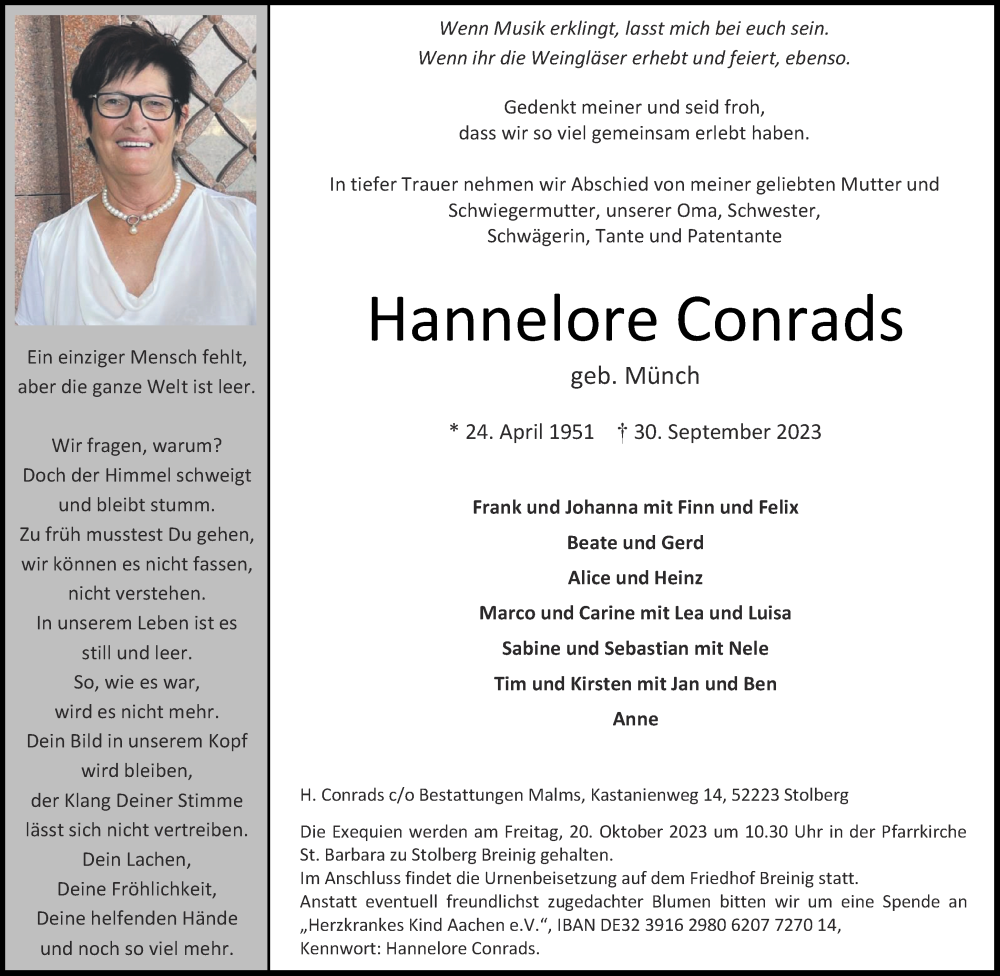  Traueranzeige für Hannelore Conrads vom 14.10.2023 aus Aachener Zeitung
