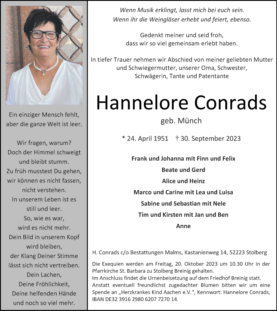  Traueranzeige für Hannelore Conrads vom 15.10.2023 aus Zeitung am Sonntag
