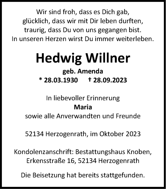 Traueranzeige von Hedwig Willner von Zeitung am Sonntag