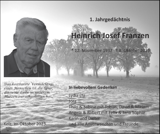 Traueranzeige von Heinrich Josef Franzen von Zeitung am Sonntag