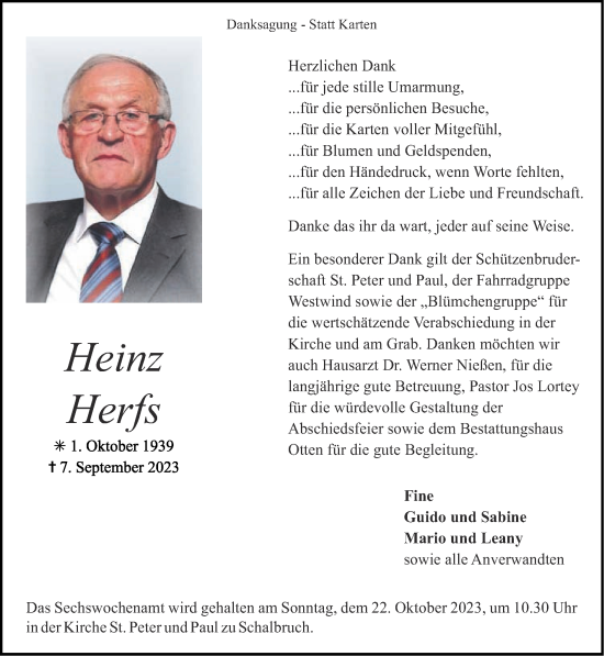 Traueranzeige von Heinz Herfs von Zeitung am Sonntag