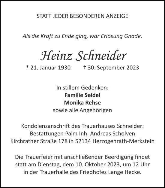 Traueranzeige von Heinz Schneider von Zeitung am Sonntag