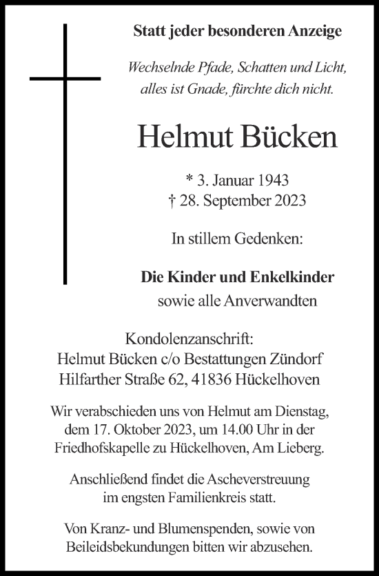 Traueranzeige von Helmut Bücken von Zeitung am Sonntag