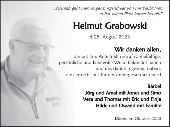 Traueranzeige von Helmut Grabowski von Zeitung am Sonntag