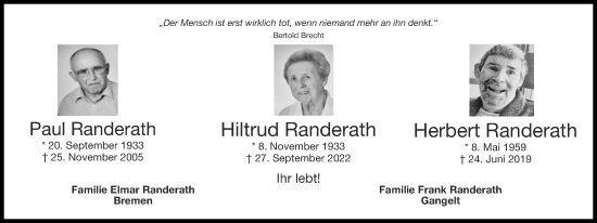 Traueranzeige von Herbert Randerath von Zeitung am Sonntag