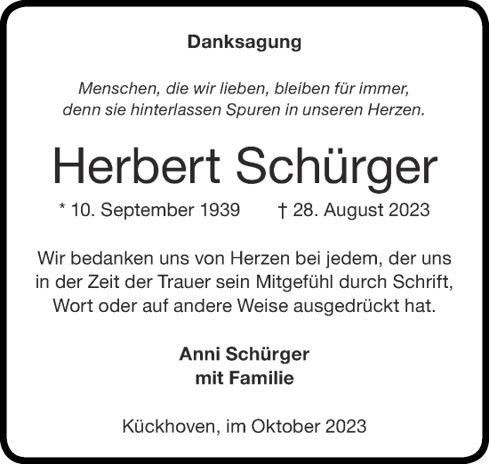 Traueranzeige von Herbert Schürger von Zeitung am Sonntag