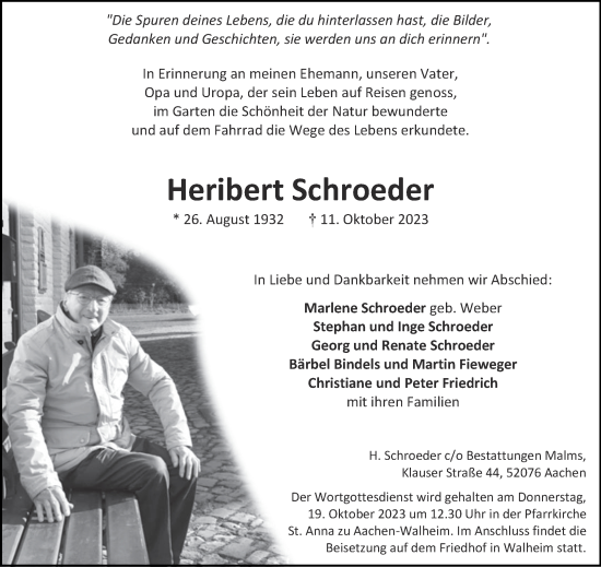 Traueranzeige von Heribert Schroeder von Aachener Zeitung