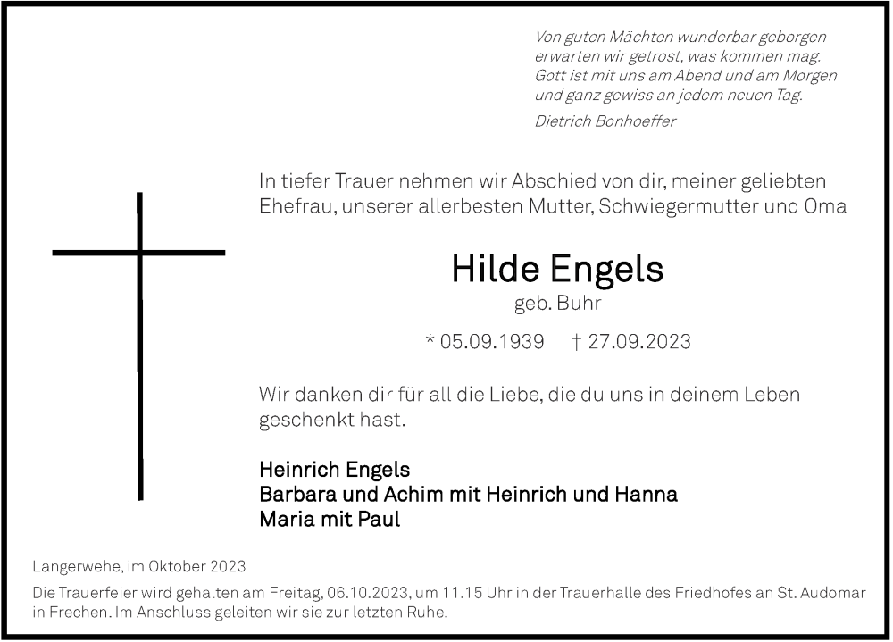  Traueranzeige für Hilde Engels vom 05.10.2023 aus Aachener Zeitung