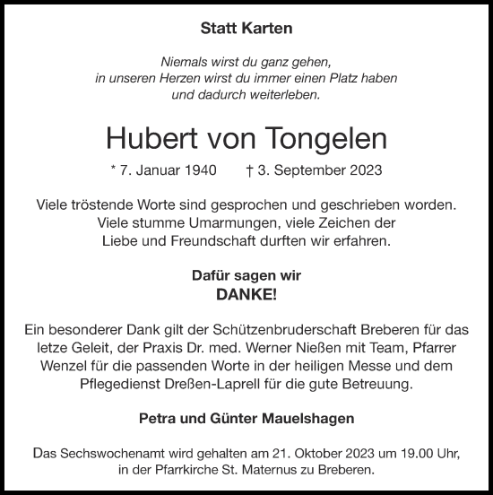 Traueranzeige von Hubert von Tongelen von Zeitung am Sonntag