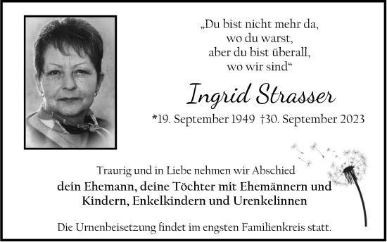 Traueranzeige von Ingrid Strasser von Zeitung am Sonntag