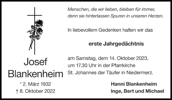 Traueranzeige von Josef Blankenheim von Zeitung am Sonntag