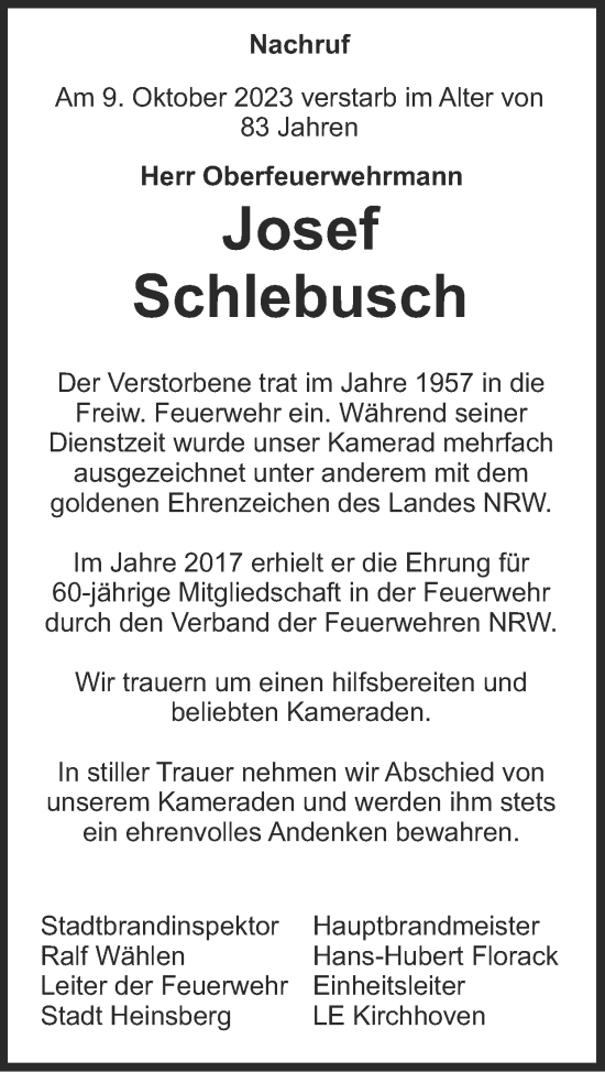Traueranzeige von Josef Schlebusch von Zeitung am Sonntag