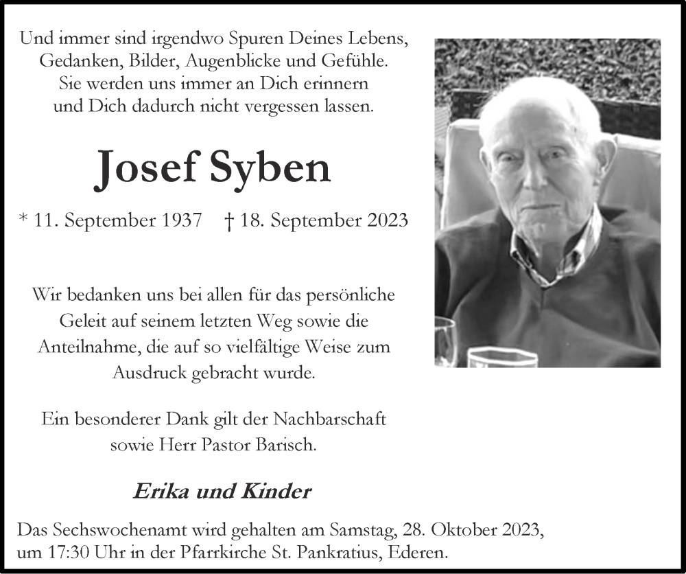  Traueranzeige für Josef Syben vom 22.10.2023 aus Zeitung am Sonntag