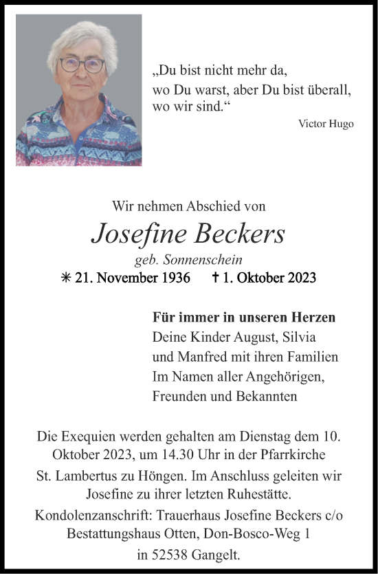 Traueranzeige von Josefine Beckers von Zeitung am Sonntag