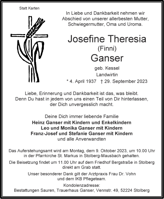 Traueranzeige von Josefine Theresia Ganser von Zeitung am Sonntag