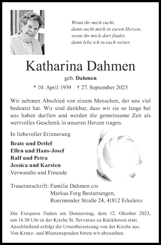 Traueranzeige von Katharina Dahmen von Zeitung am Sonntag