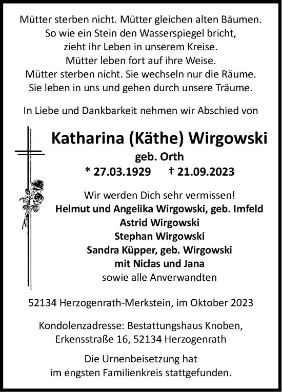Traueranzeige von Katharina Wirgowski von Zeitung am Sonntag
