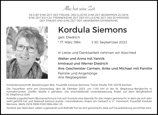 Traueranzeige von Kordula Siemons von Aachener Zeitung