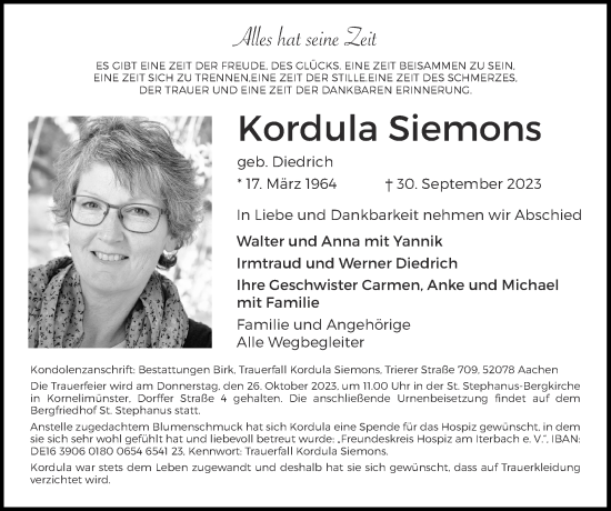 Traueranzeige von Kordula Siemons von Zeitung am Sonntag