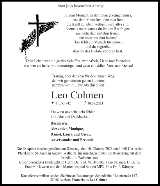 Traueranzeige von Leo Cohnen von Aachener Zeitung