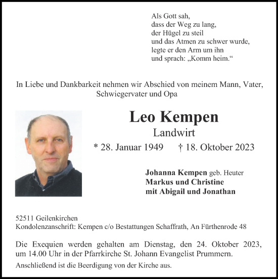 Traueranzeige von Leo Kempen von Zeitung am Sonntag