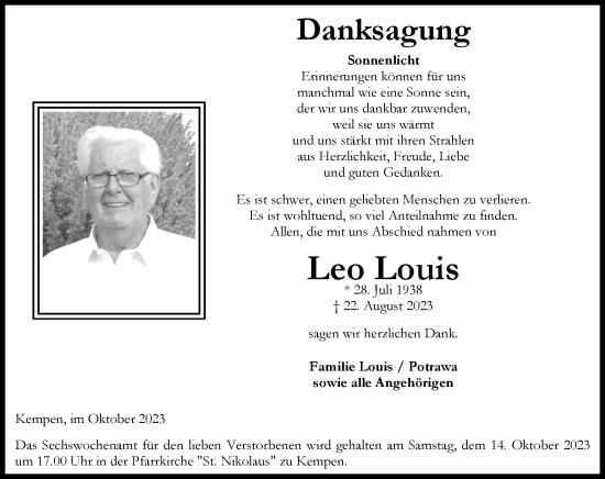 Traueranzeige von Leo Louis von Zeitung am Sonntag