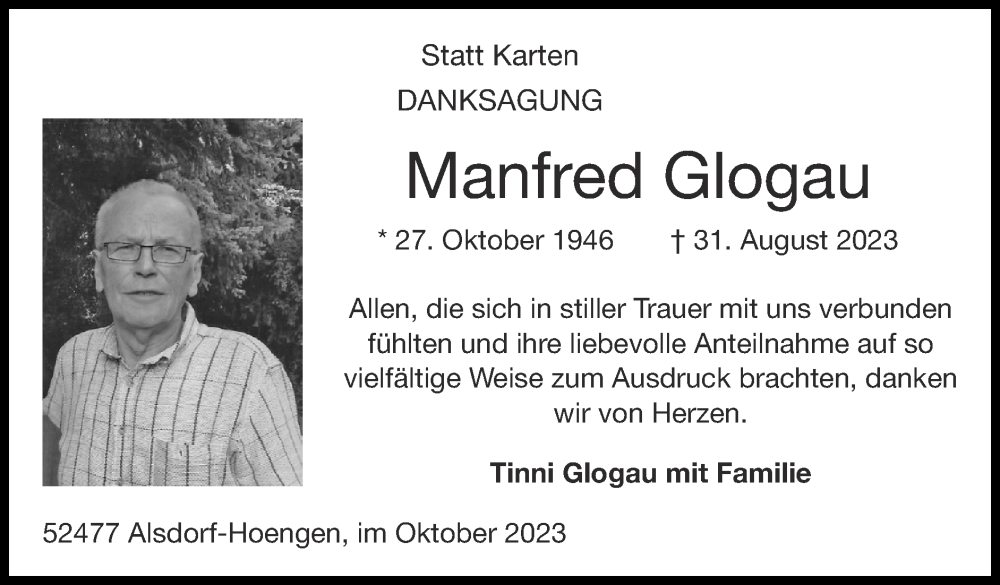  Traueranzeige für Manfred Glogau vom 08.10.2023 aus Zeitung am Sonntag