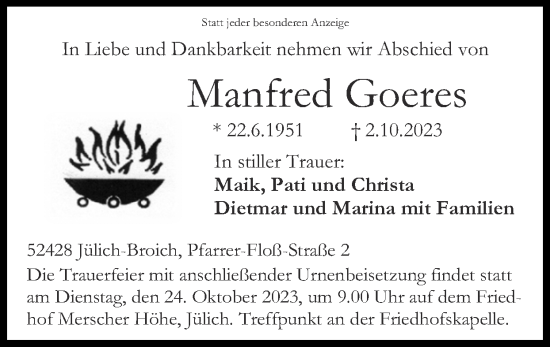 Traueranzeige von Manfred Goeres von Zeitung am Sonntag