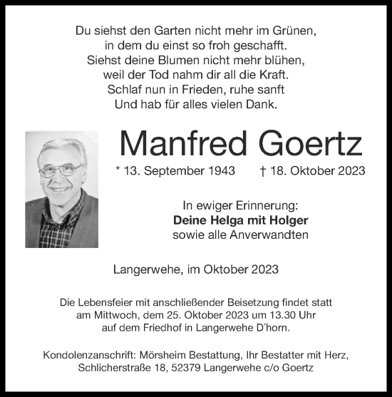 Traueranzeige von Manfred Goertz von Zeitung am Sonntag