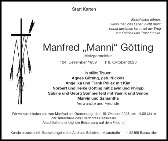 Traueranzeige von Manfred Götting von Zeitung am Sonntag