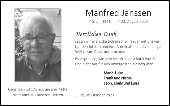 Traueranzeige von Manfred Janssen von Zeitung am Sonntag