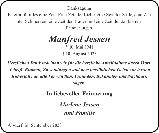 Traueranzeige von Manfred Jessen von Zeitung am Sonntag