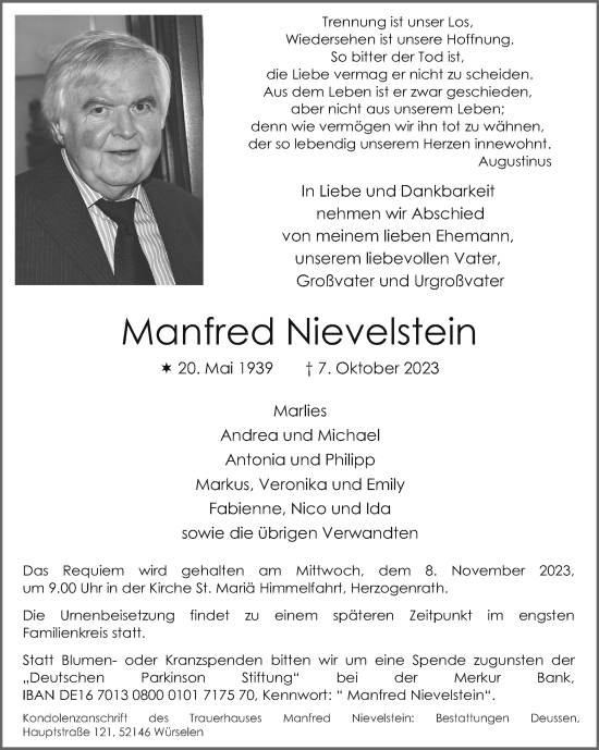 Traueranzeige von Manfred Nievelstein von Zeitung am Sonntag