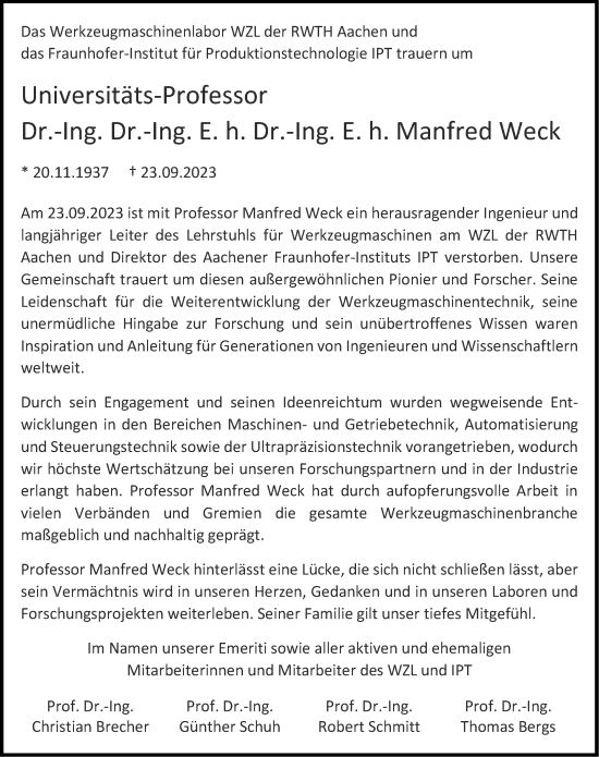 Traueranzeige von Manfred Weck von Aachener Zeitung