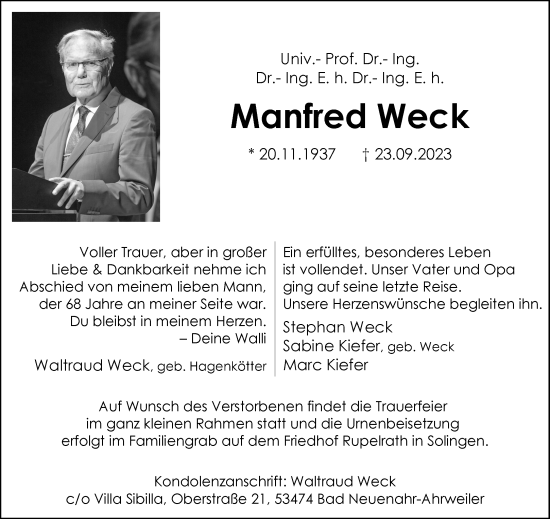 Traueranzeige von Manfred Weck von Aachener Zeitung