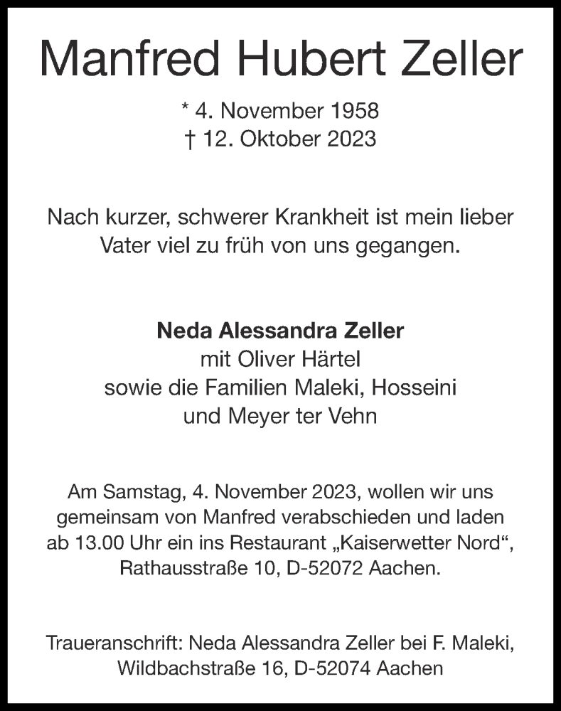  Traueranzeige für Manfred Hubert Zeller vom 22.10.2023 aus Zeitung am Sonntag