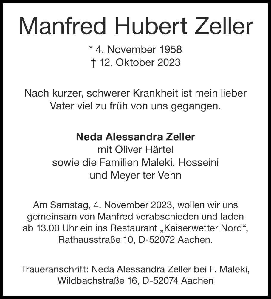  Traueranzeige für Manfred Hubert Zeller vom 21.10.2023 aus Aachener Zeitung