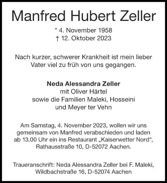 Traueranzeige von Manfred Hubert Zeller von Aachener Zeitung