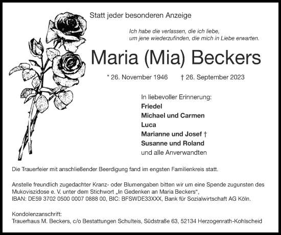 Traueranzeige von Maria Beckers von Zeitung am Sonntag