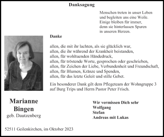 Traueranzeige von Marianne Bingen von Zeitung am Sonntag