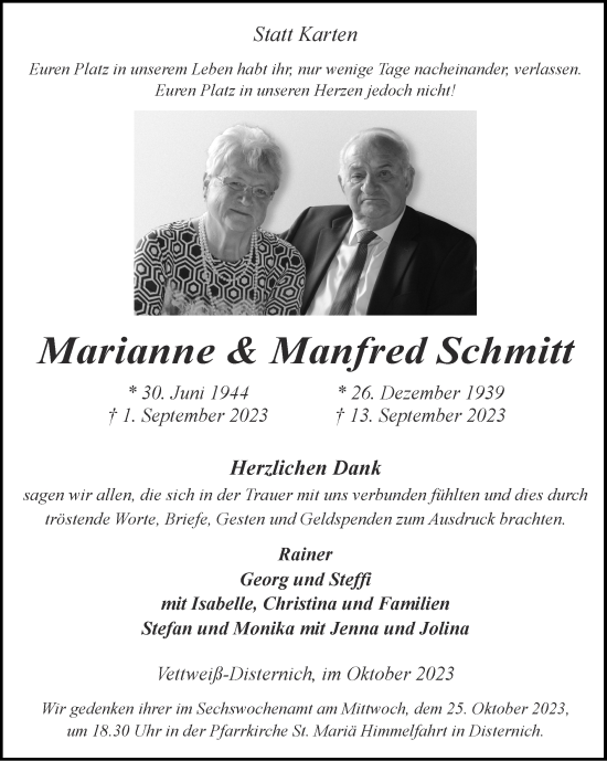 Traueranzeige von Marianne Schmitt von Zeitung am Sonntag