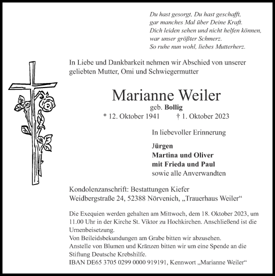 Traueranzeige von Marianne Weiler von Zeitung am Sonntag