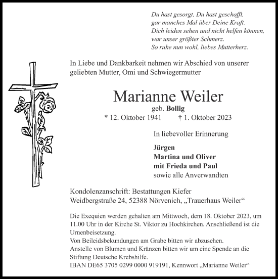 Traueranzeige von Marianne Weiler von Zeitung am Sonntag